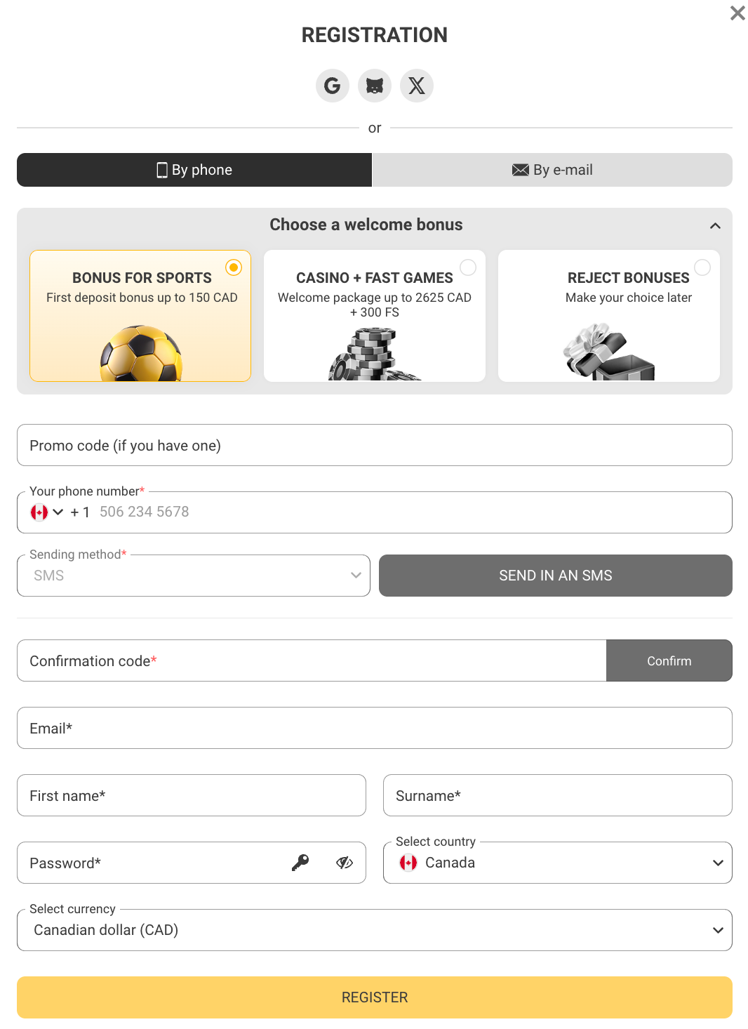 Melbet registration form with four sign up methods